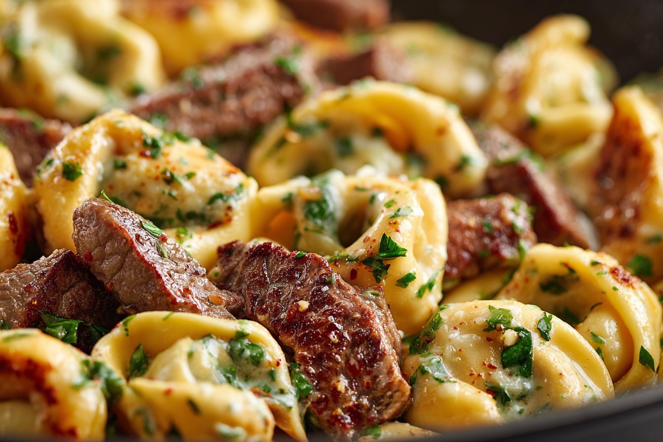 Garlic Steak & Cheese-Filled Tortellini Skillet Bliss featured