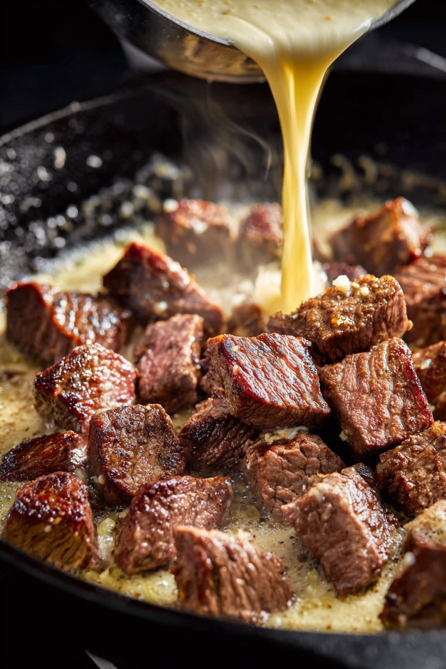 Tender Steak Bites in Garlic Butter with Creamy Parmesan Sauce instructions process