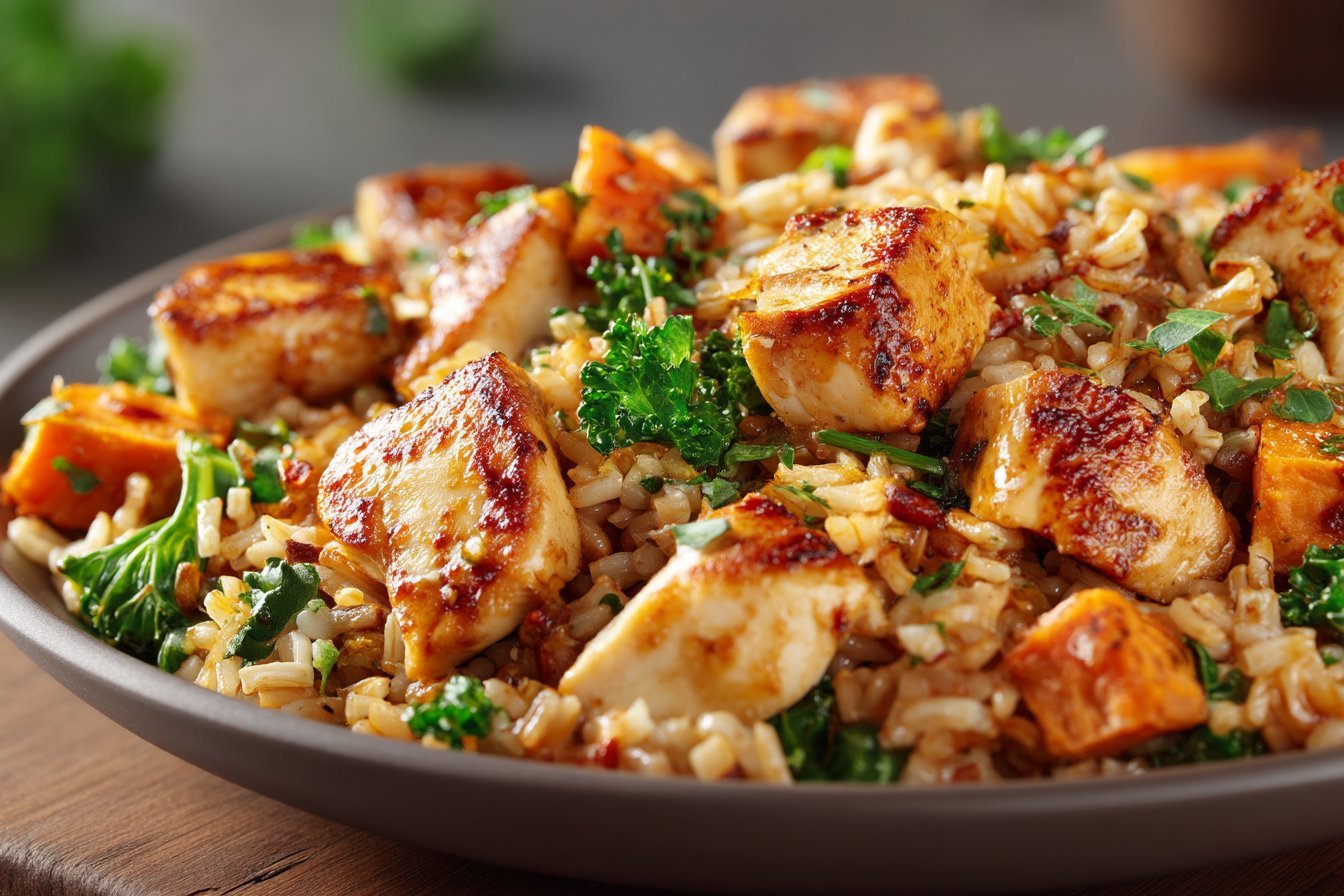 Healthy Chicken & Sweet Potato Rice Bowl recipe card
