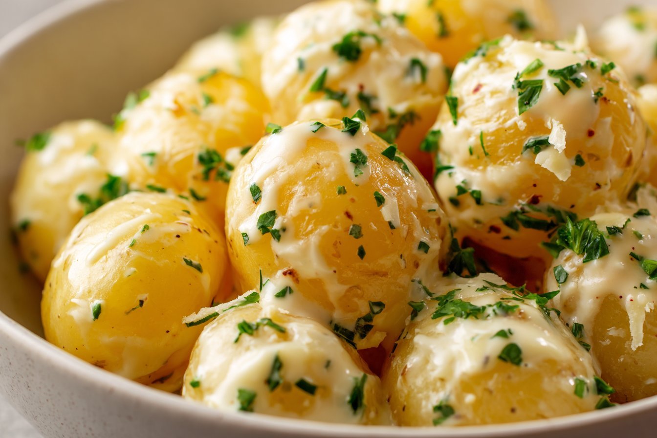 Creamy Garlic Sauce Baby Potatoes recipe card