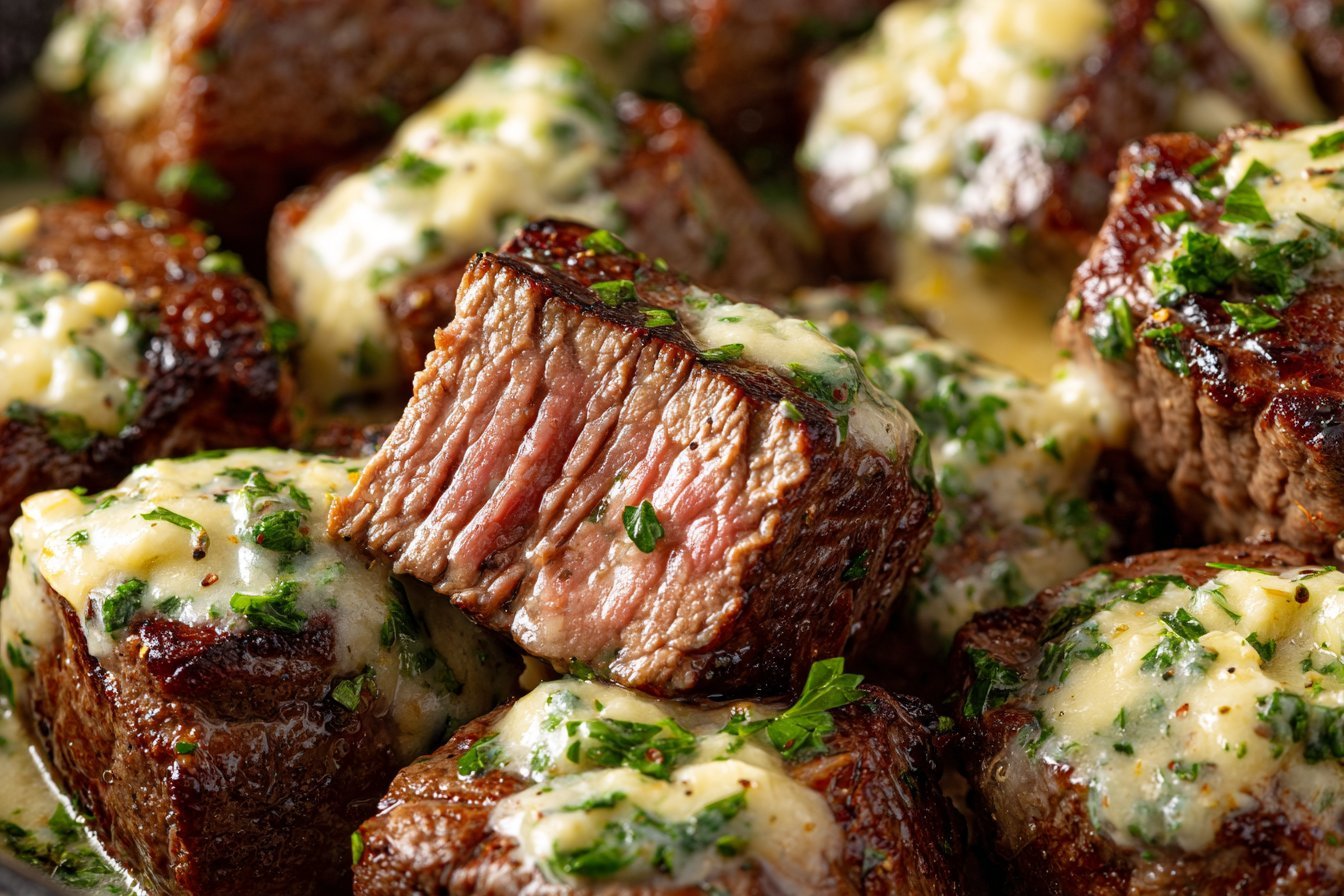 Tender Steak Bites in Garlic Butter with Creamy Parmesan Sauce recipe card